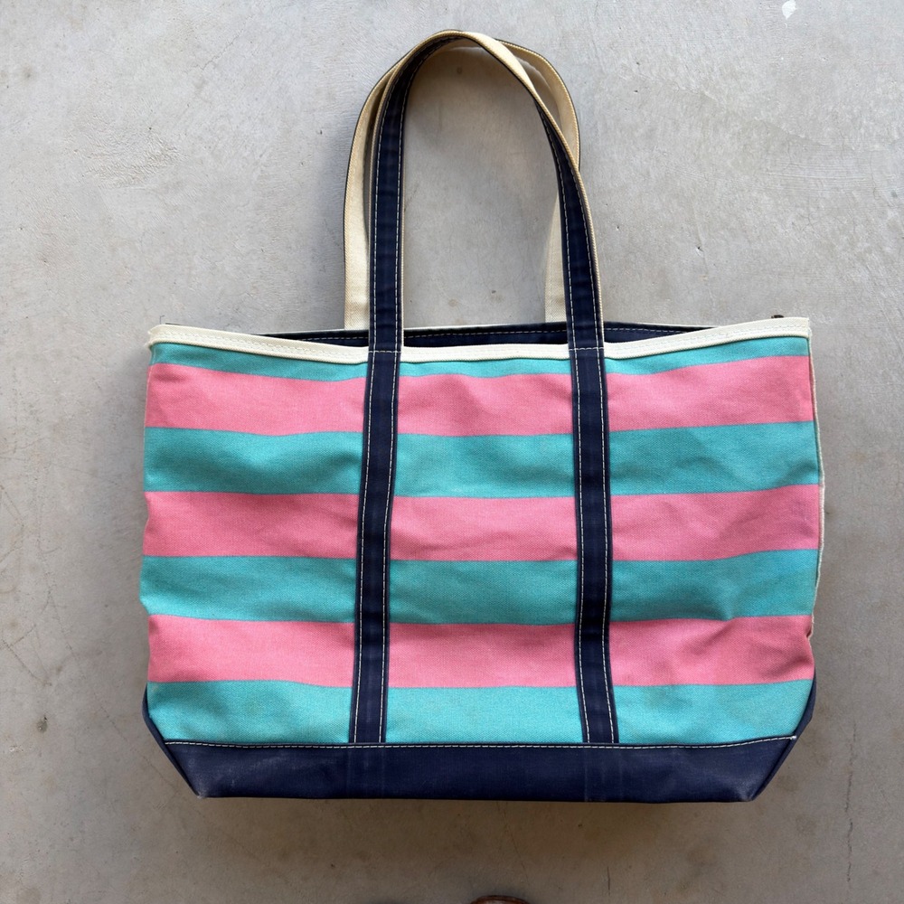 Vintage L.L. Bean Boat and Tote Bag Pink Teal Rugby Stripe Canvas USA Made Large